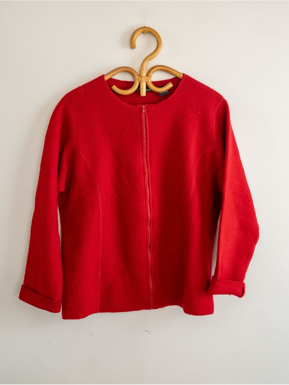 Vintage Red Boiled Wool Zip Jacket Sweater | Minimalist Classic Coatigan